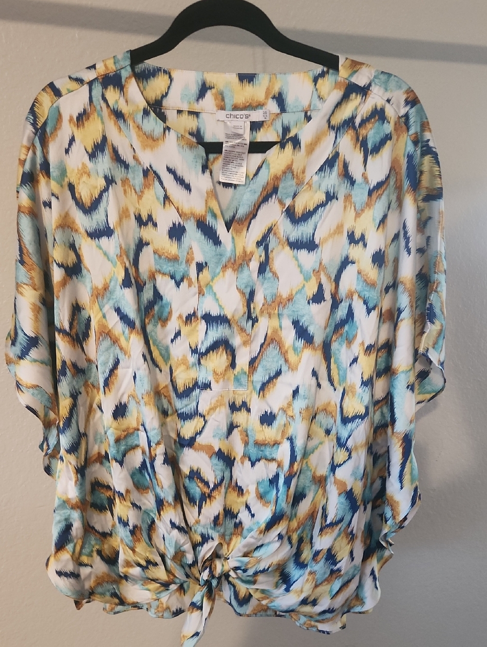 Chico's Blue & Yellow Printed V-Neck Women's Top 2.5 14/16/18